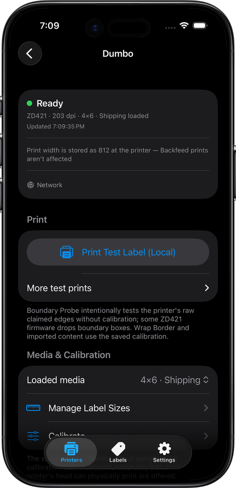 Backfeed on iPhone: a Zebra ZD421's detail screen, showing status, loaded media and print controls.
